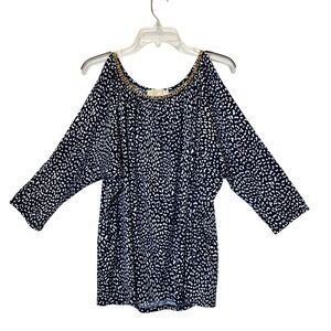 Michael Kors 0X Cold Shoulder Chain Neck Blouse Navy White Print Dolman Sleeve